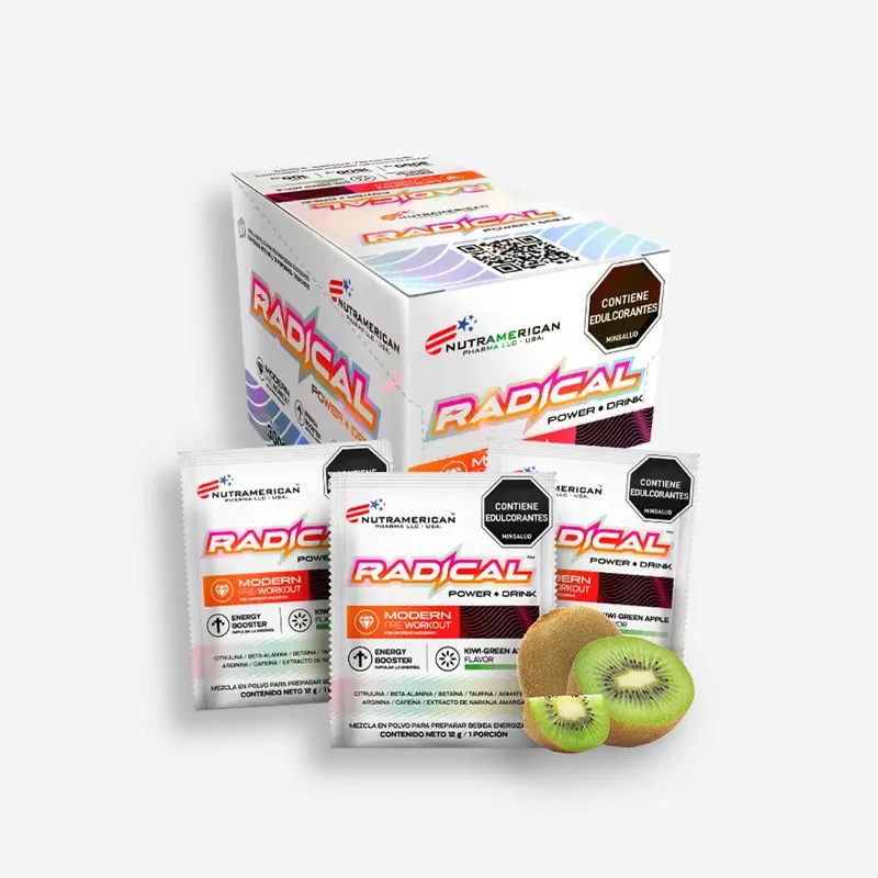 Caja Radical Power Drink 18 Sobres Sabor Kiwi-green Apple – Nutramerican | Nutramerican - Proteina.co Caja Radical Power Drink 18 Sobres Sabor Kiwi-green Apple – Nutramerican de Nutramerican - Pre Entrenos - Pre Workouts disponible en Proteina.co Colombia